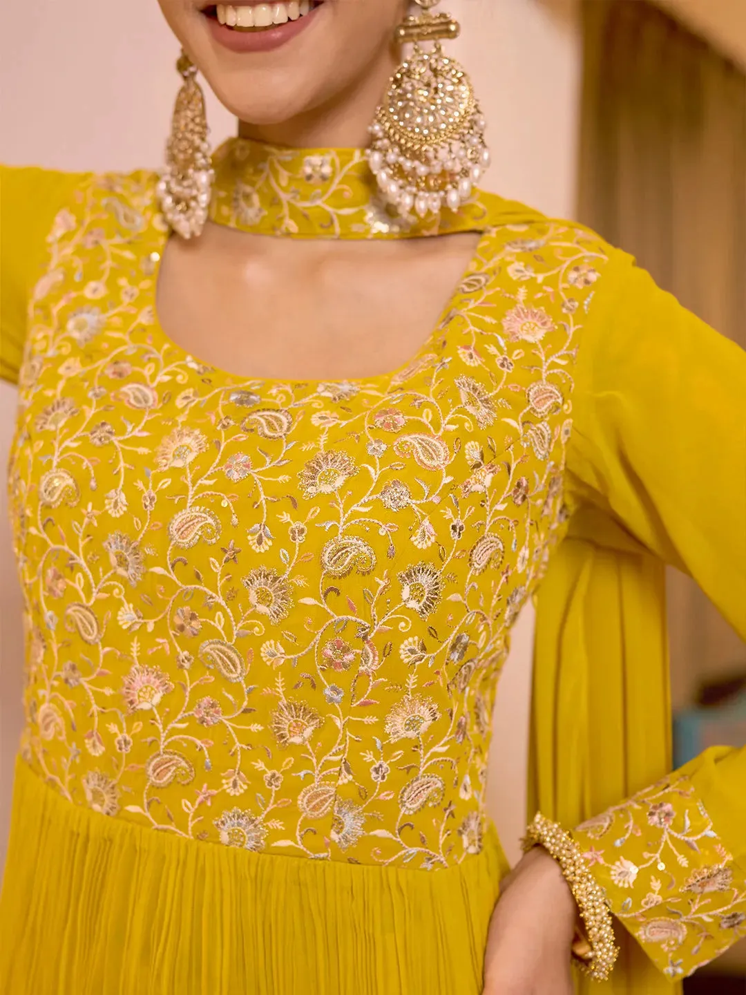 Jashvi Art Mustard Embroidered Georgette A-Line Kurta With Sharara & Dupatta