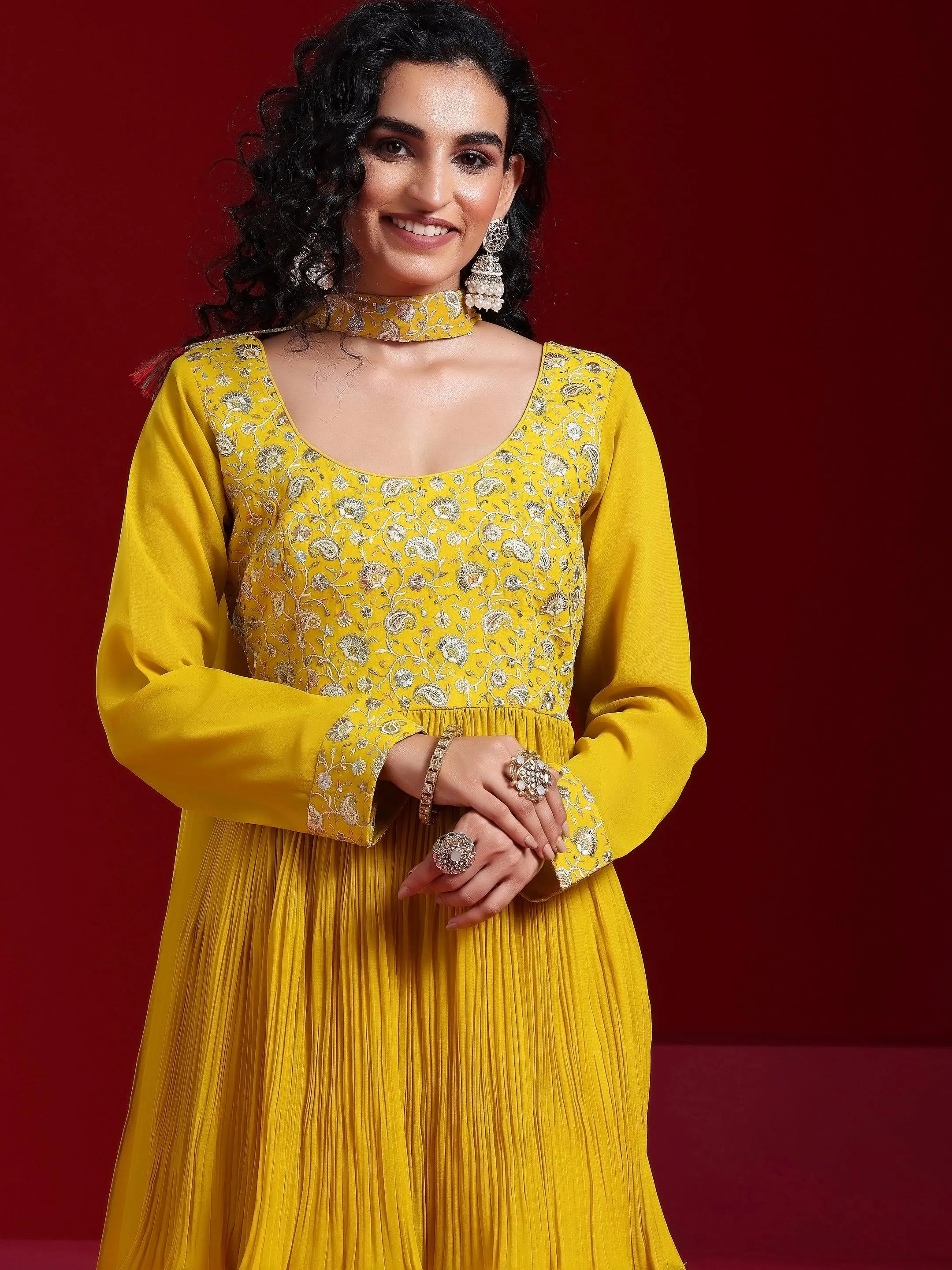 Jashvi Art Mustard Embroidered Georgette A-Line Kurta With Sharara & Dupatta