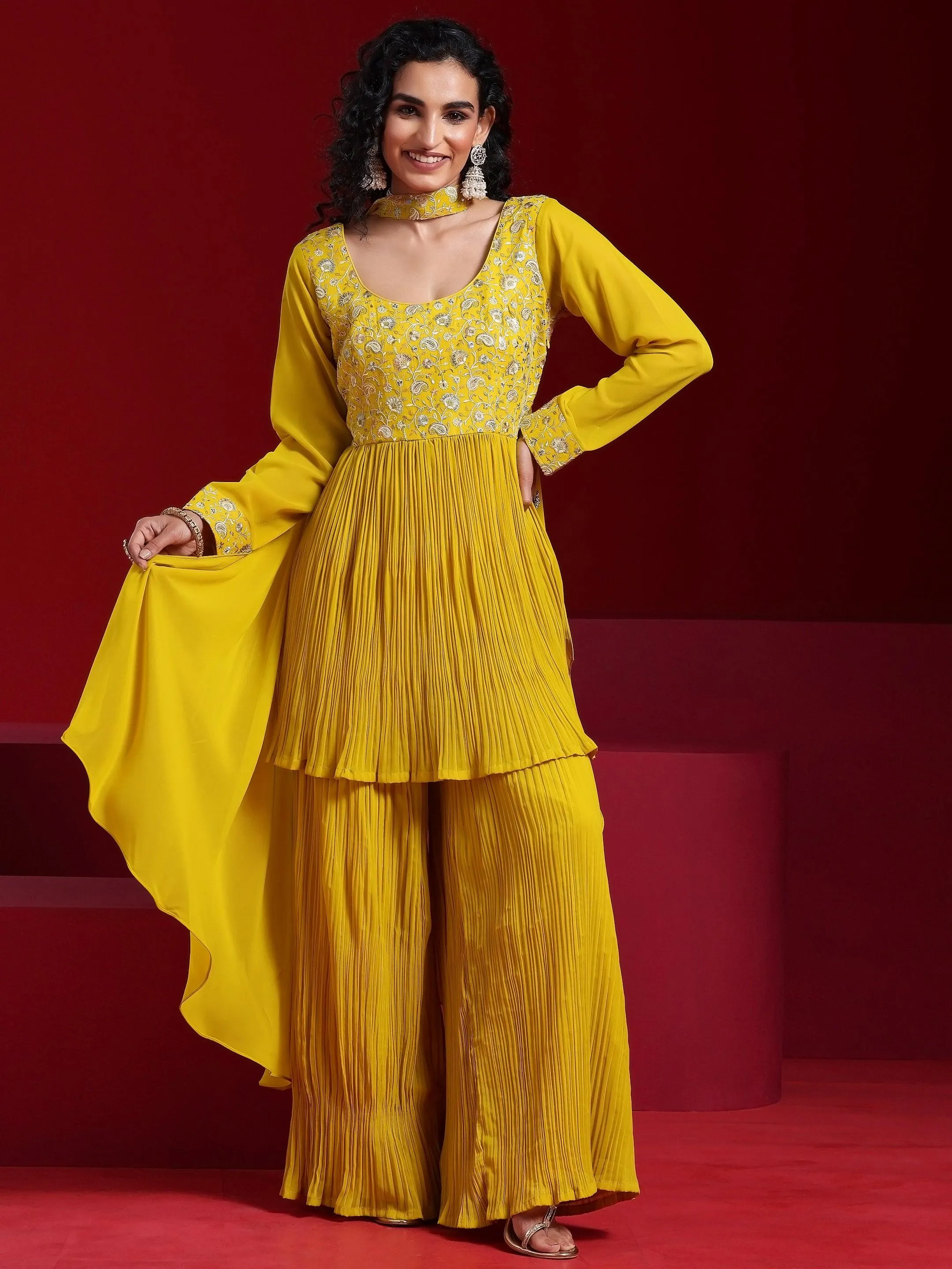 Jashvi Art Mustard Embroidered Georgette A-Line Kurta With Sharara & Dupatta