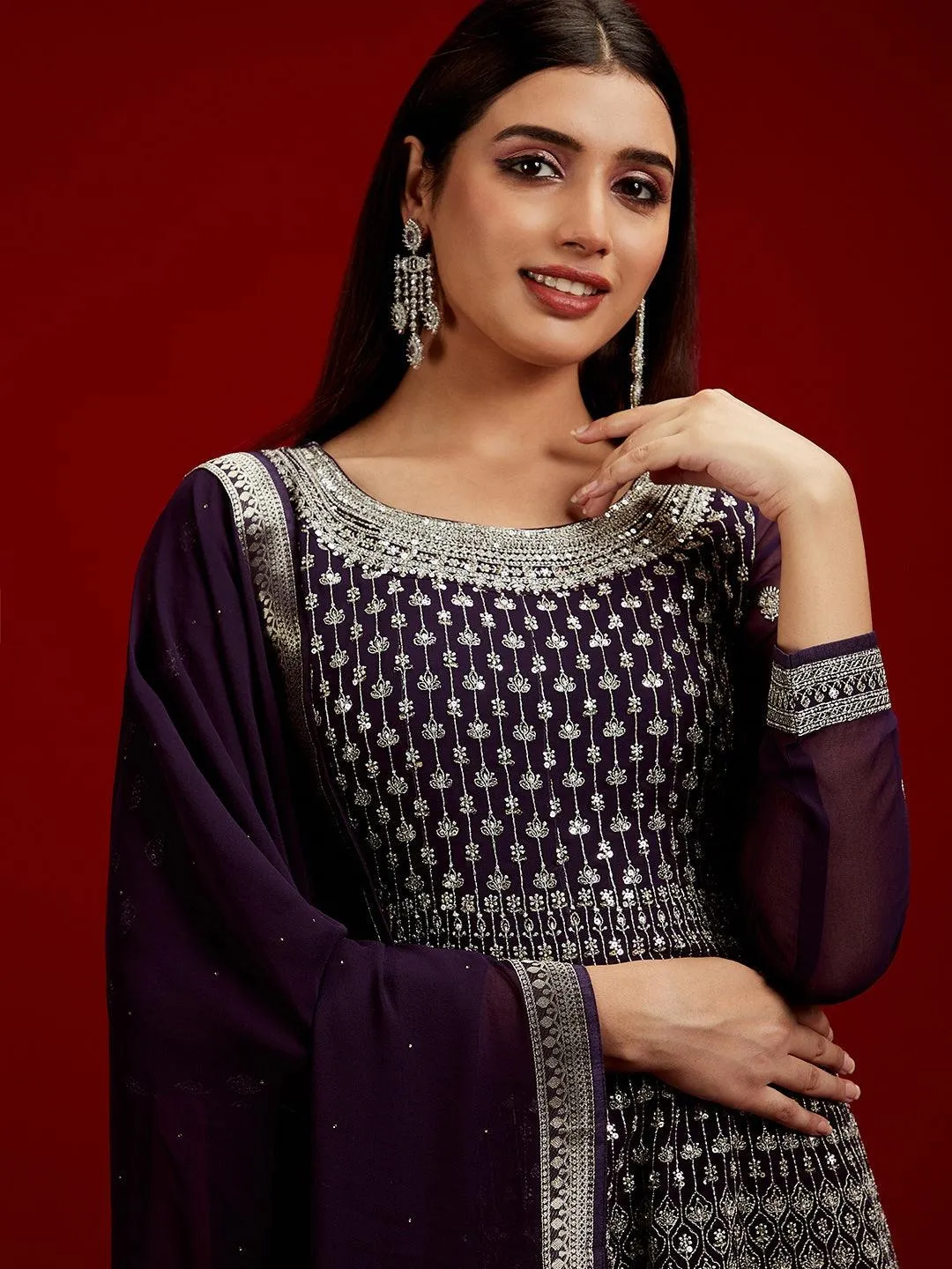 Jashvi Art Purple Embroidered Georgette A-Line Sharara Suit Set With Dupatta