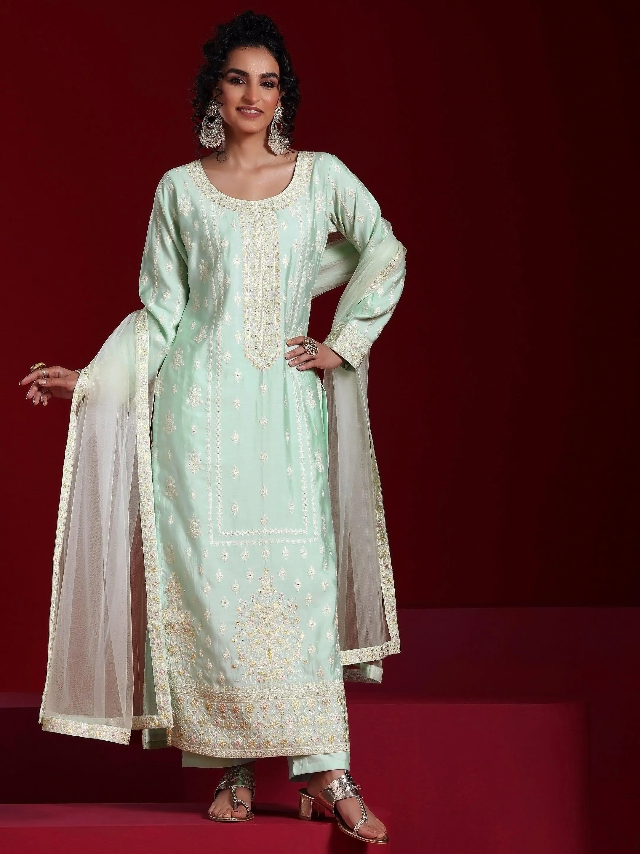 Jashvi Art Sea Green Embroidered Silk Blend Straight Suit With Dupatta