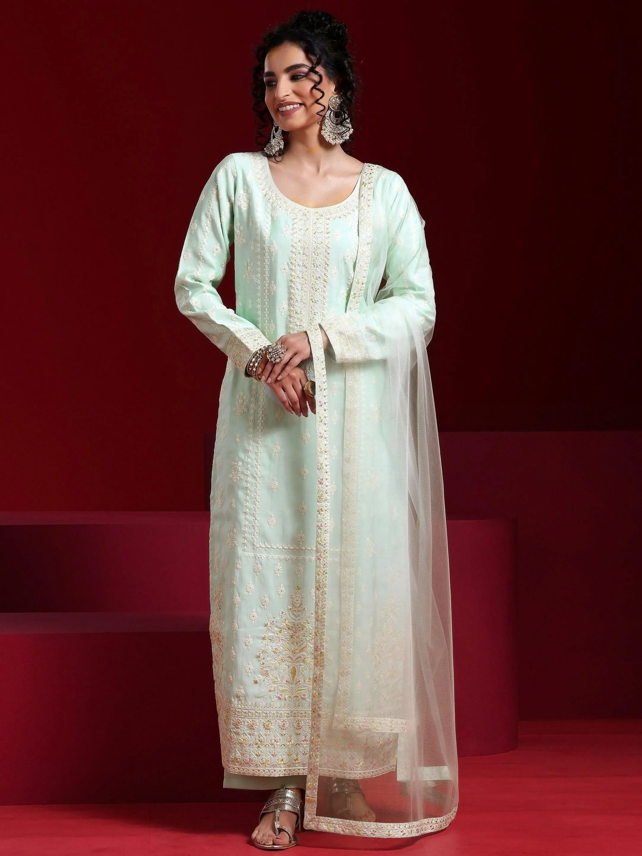 Jashvi Art Sea Green Embroidered Silk Blend Straight Suit With Dupatta