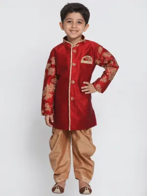 Jashvi Boys' Maroon Cotton Silk Blend Kurta and Dhoti Pant Set