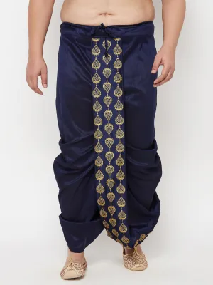 Jashvi Men's Plus Size Navy Blue  Cotton Blend Embroidered Traditional Dhoti