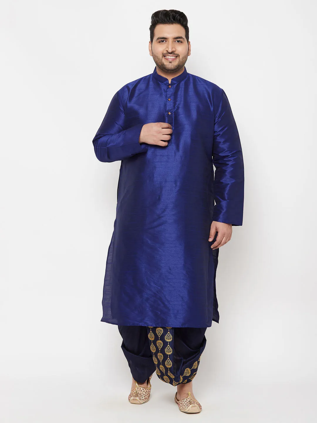 Jashvi Men's Plus Size Navy Blue  Cotton Blend Embroidered Traditional Dhoti