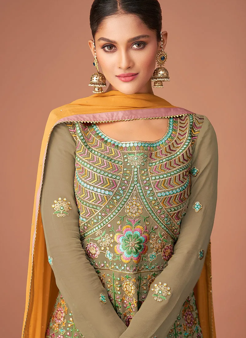 Khaki Green Multi Embroidered Peplum Style Sharara Suit