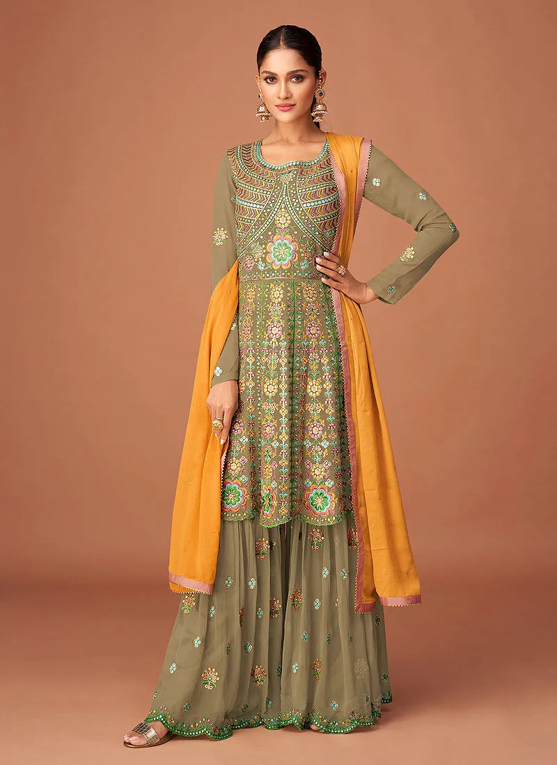 Khaki Green Multi Embroidered Peplum Style Sharara Suit