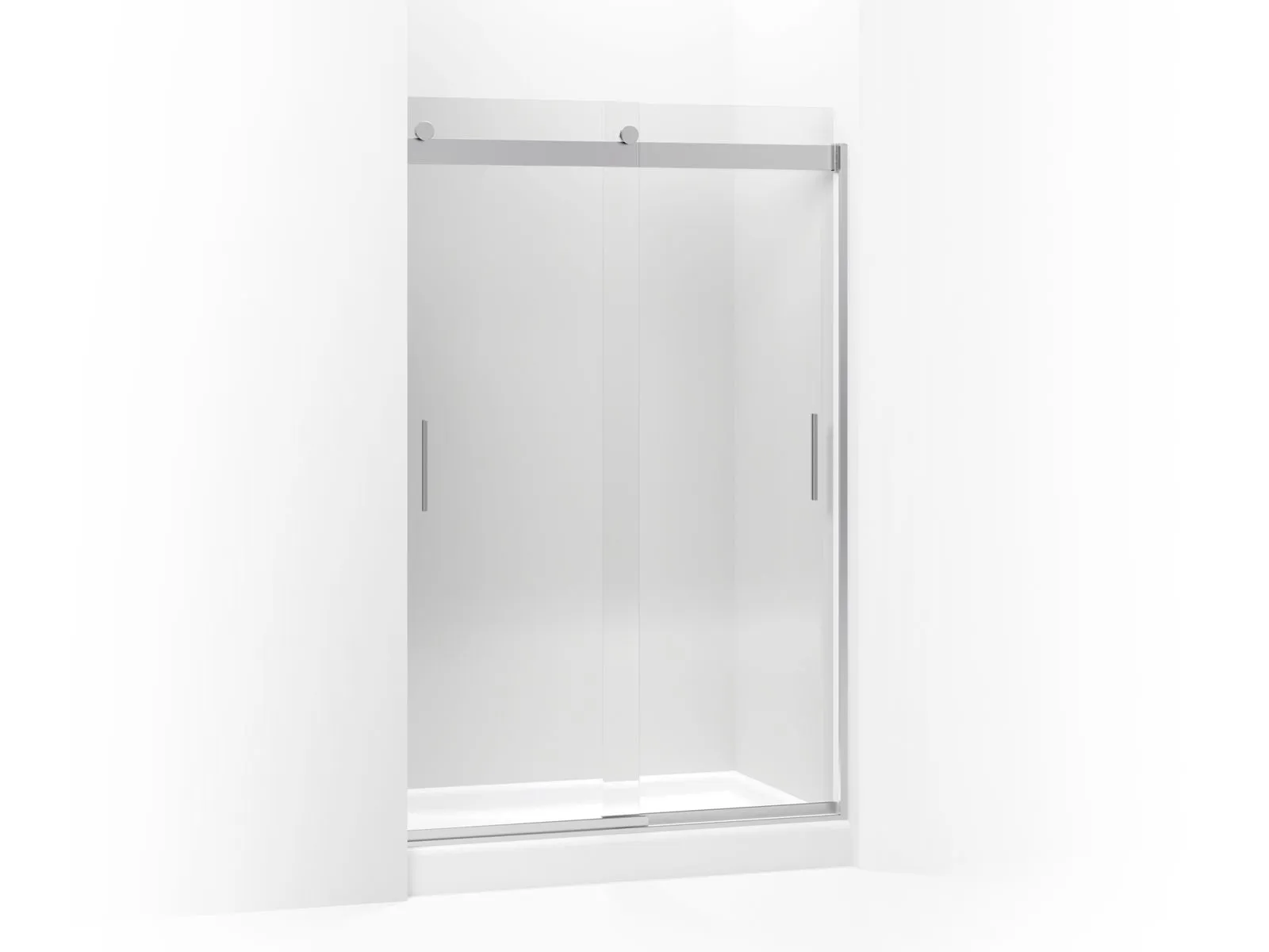 Levity Clear Tempered Glass Shower Door in Bright Polished Silver with Blade Handles