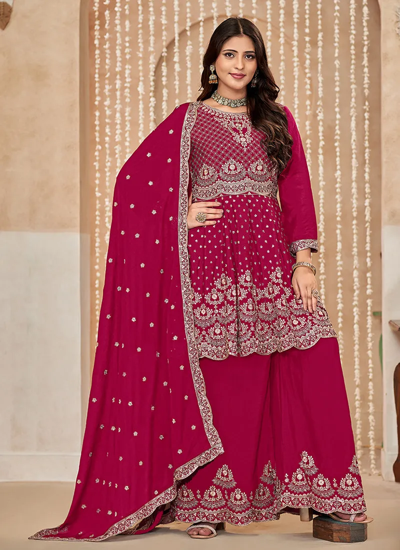 Magenta Pink Multi Embroidered Anarkali Gharara Suit