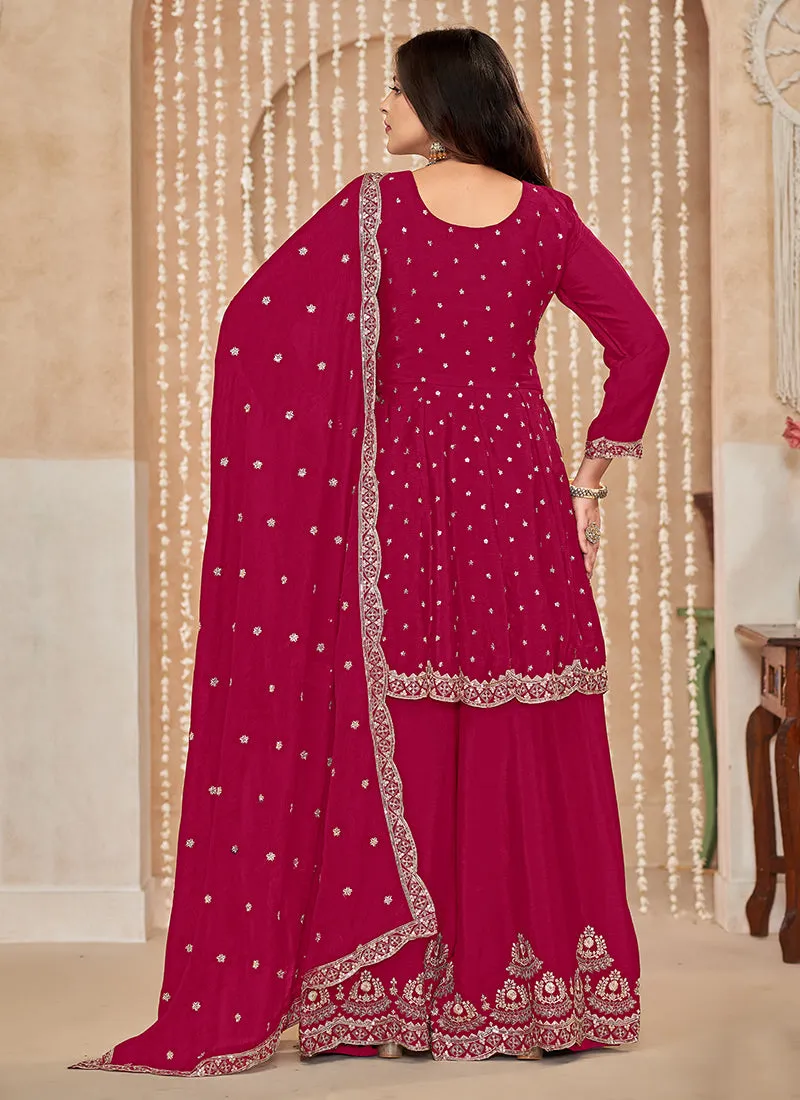 Magenta Pink Multi Embroidered Anarkali Gharara Suit