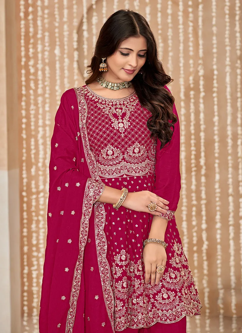 Magenta Pink Multi Embroidered Anarkali Gharara Suit