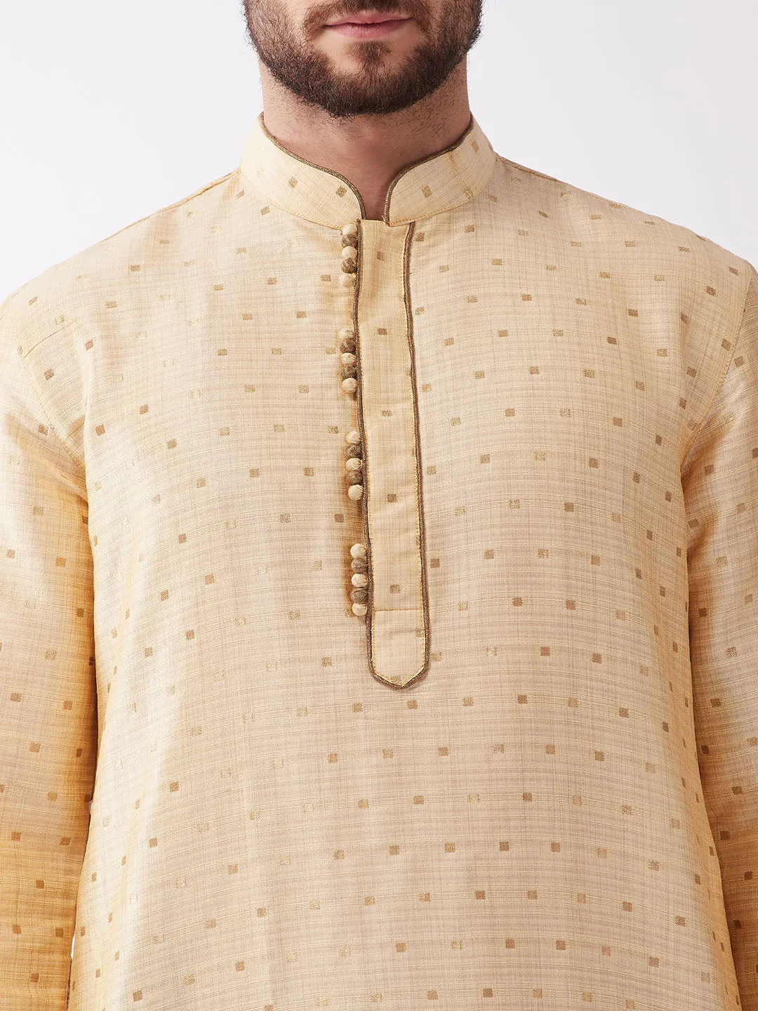 Men's Beige And Navy Blue Silk Blend Kurta And Dhoti Set - Vastramay