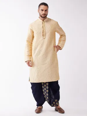 Men's Beige And Navy Blue Silk Blend Kurta And Dhoti Set - Vastramay