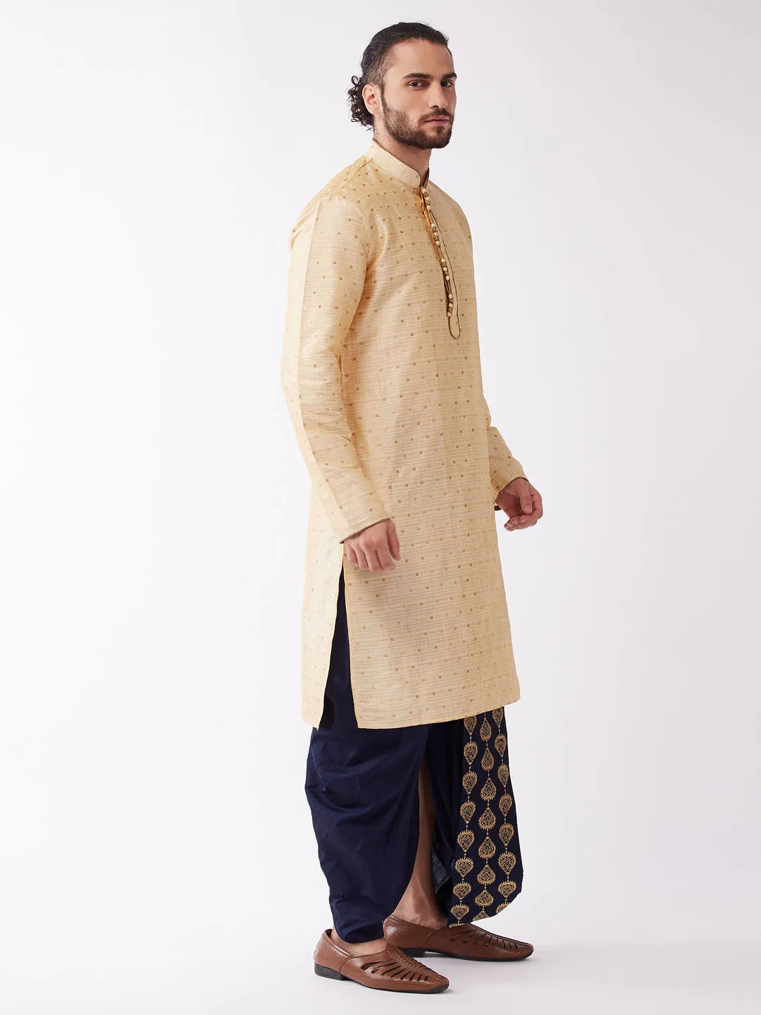 Men's Beige And Navy Blue Silk Blend Kurta And Dhoti Set - Vastramay