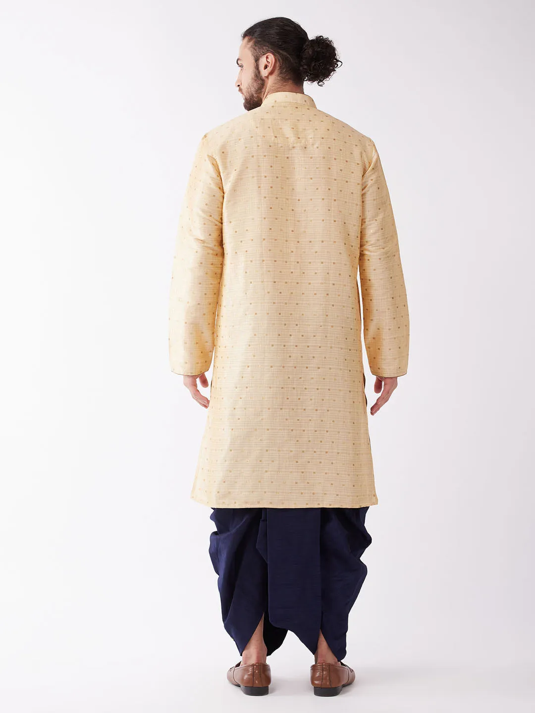 Men's Beige And Navy Blue Silk Blend Kurta And Dhoti Set - Vastramay