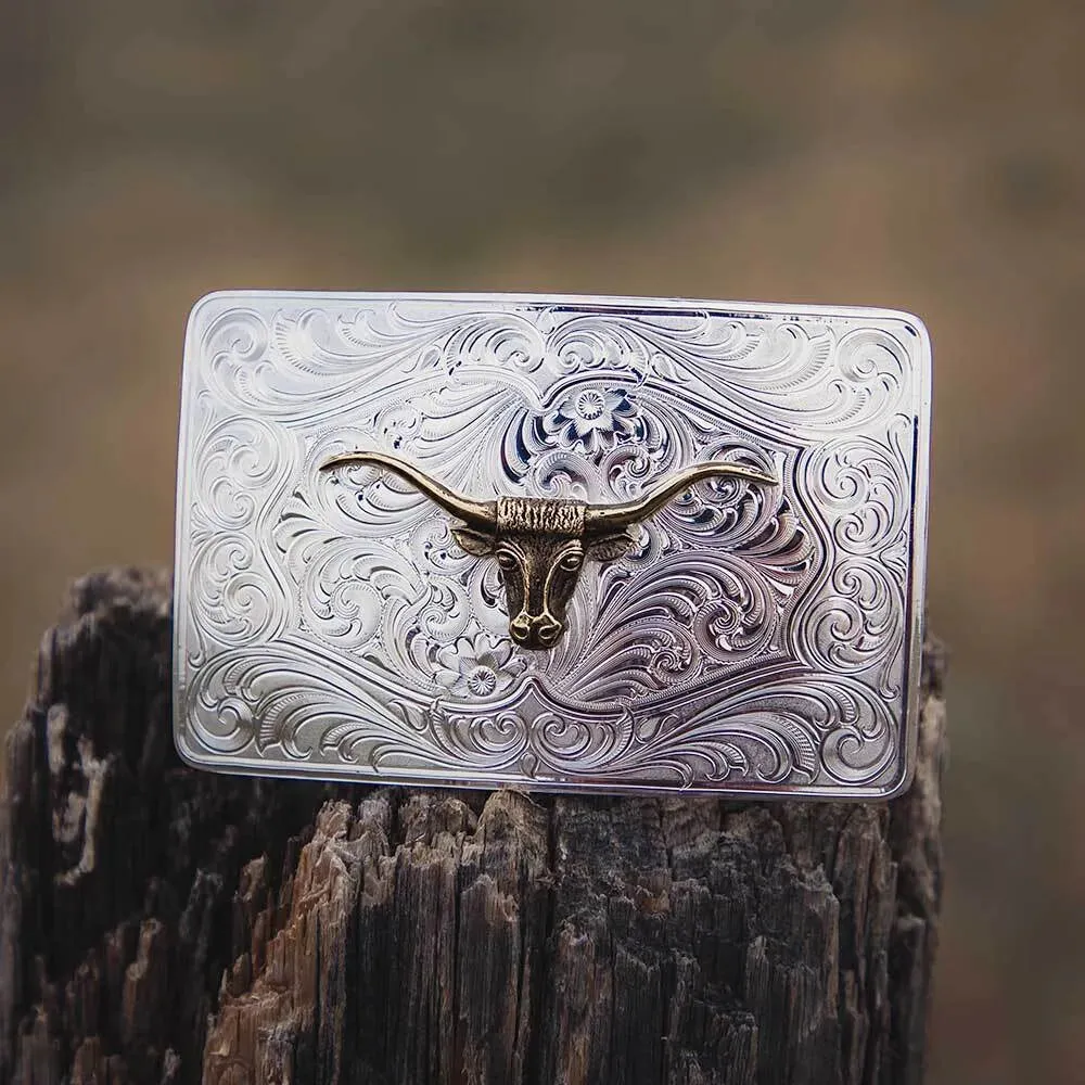 Men's Iconic Western Longhorn Silver Belt Buckle