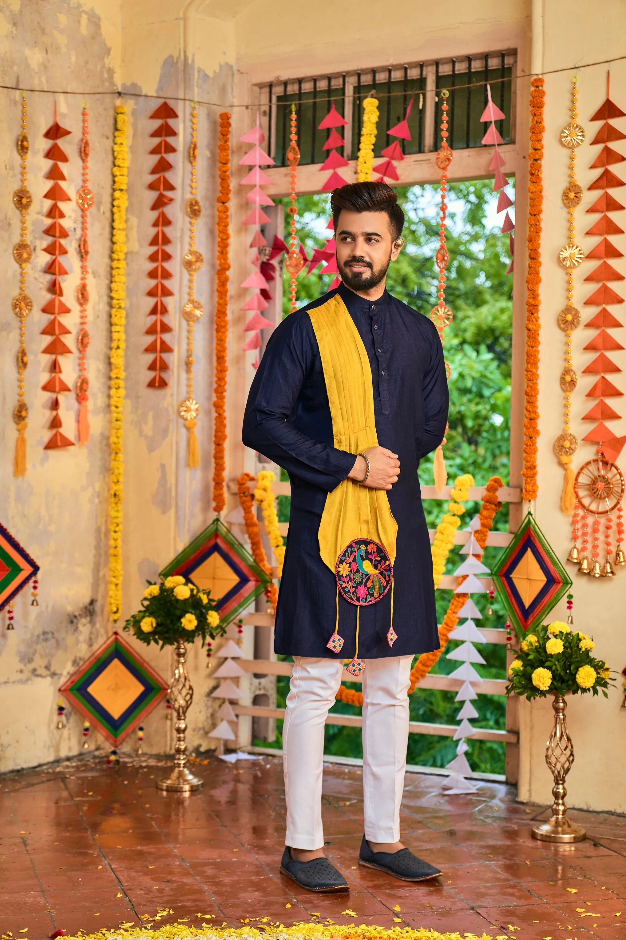 Men's Navy Art Silk Embroidered Kurta - Shubhkala