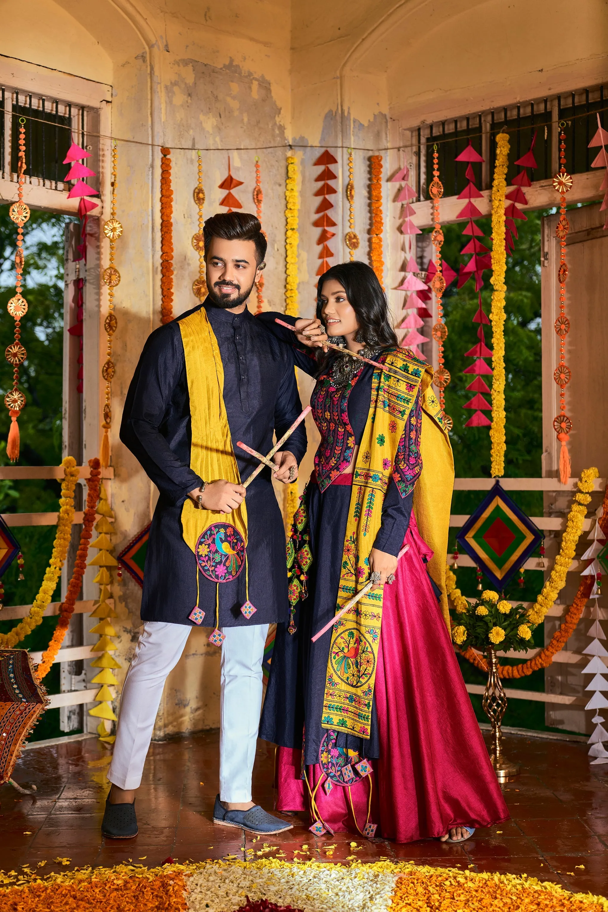 Men's Navy Art Silk Embroidered Kurta - Shubhkala