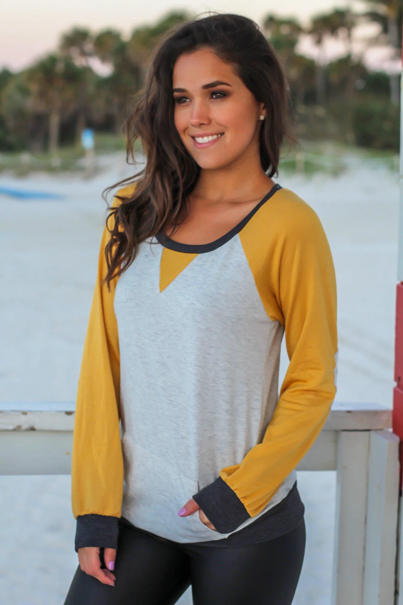 Mustard and Gray Color Block Pullover Top