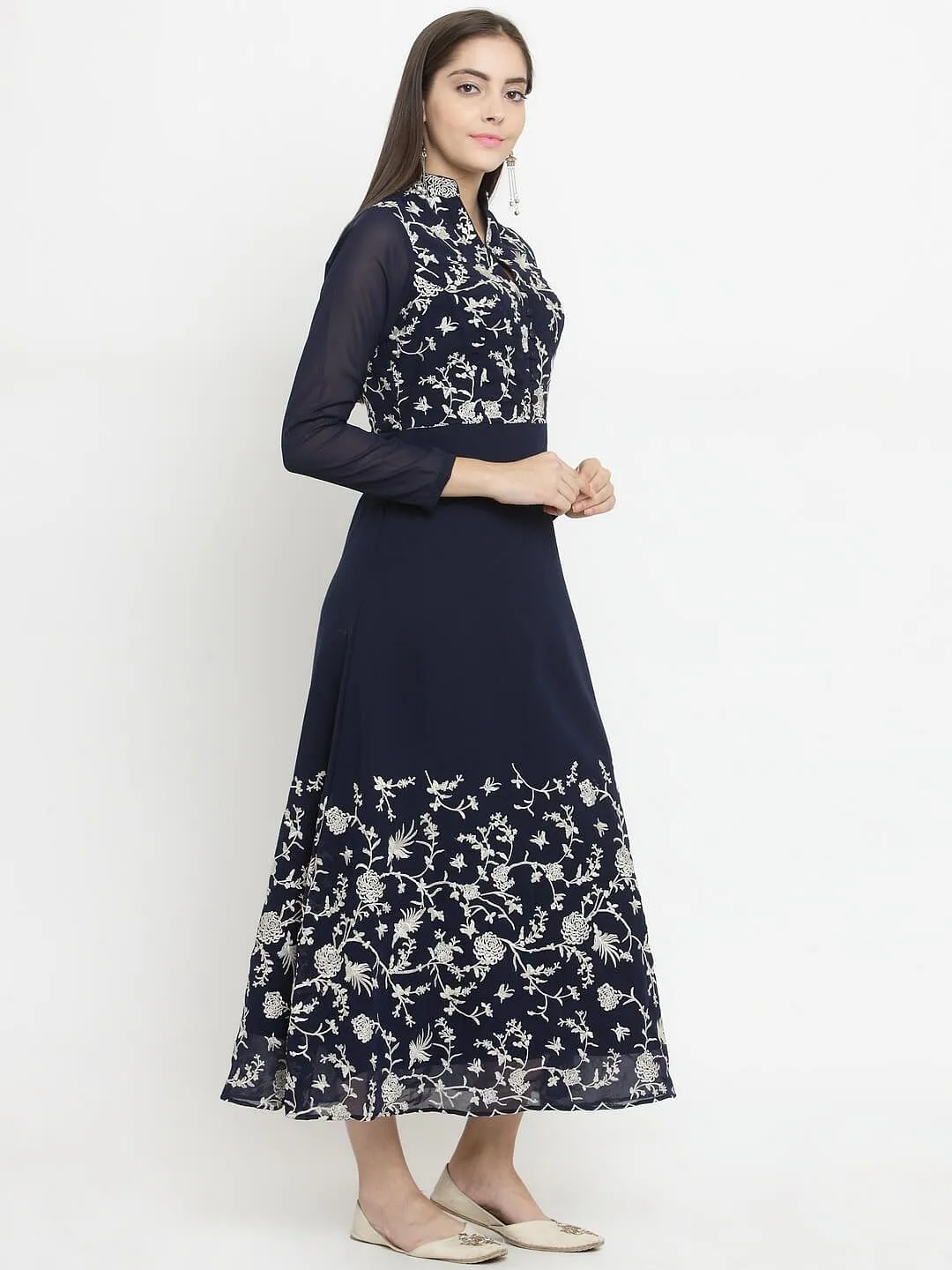 Navy Blue A-Line Dress With Parsi Embroidery