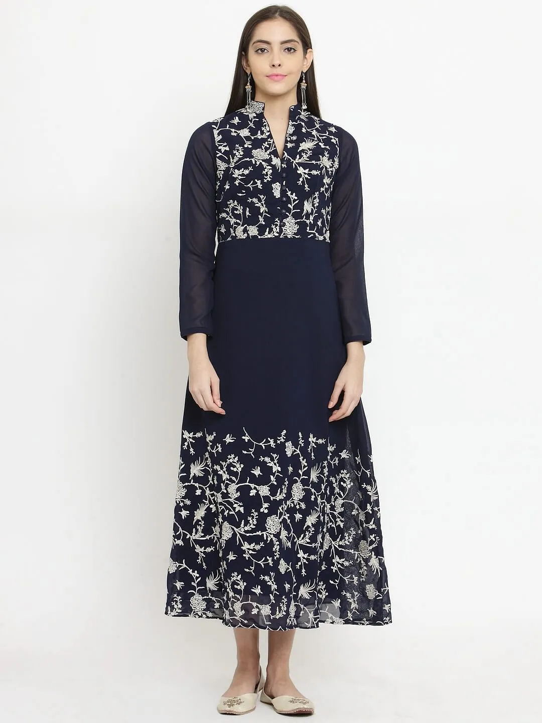 Navy Blue A-Line Dress With Parsi Embroidery