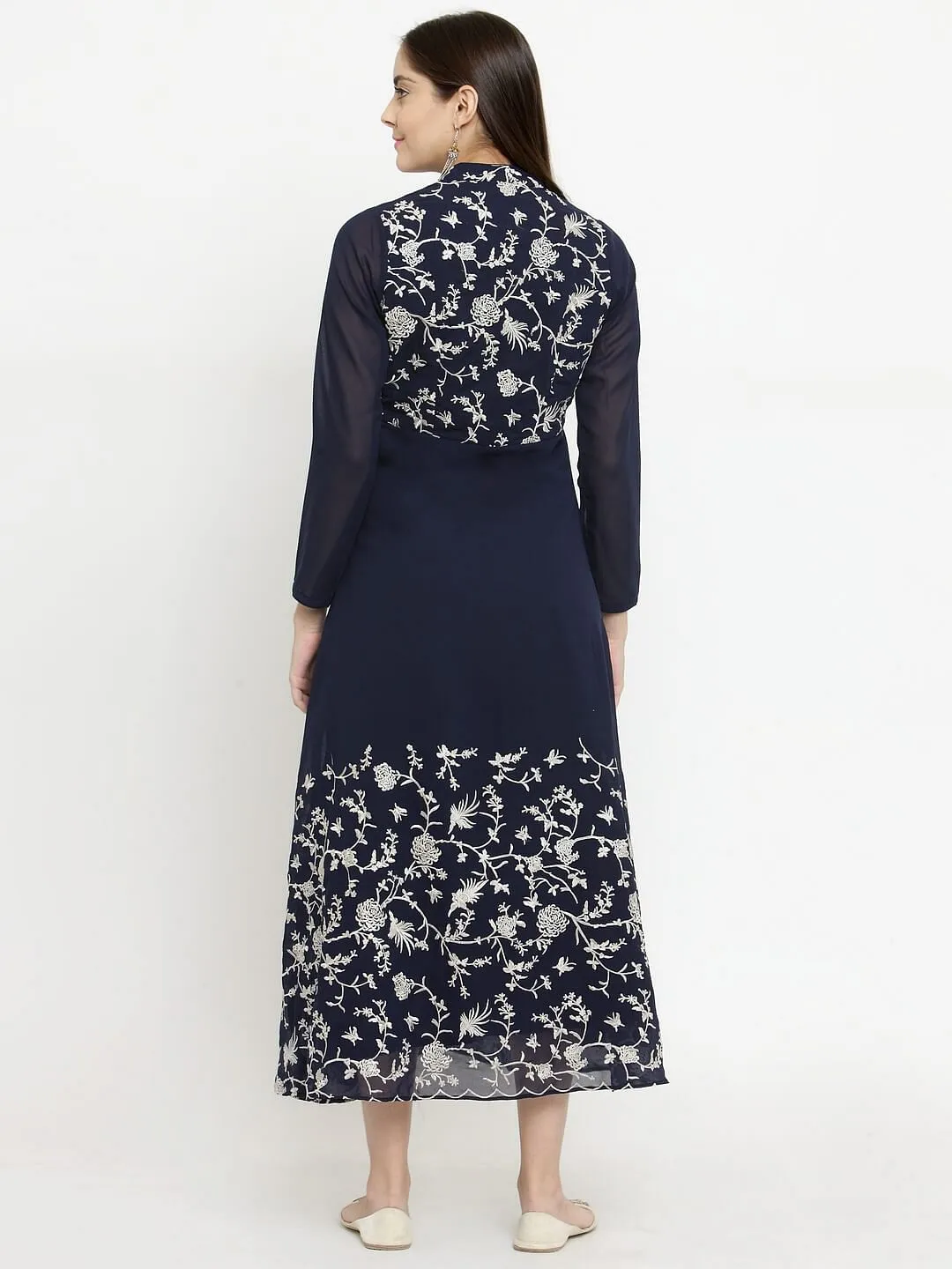 Navy Blue A-Line Dress With Parsi Embroidery