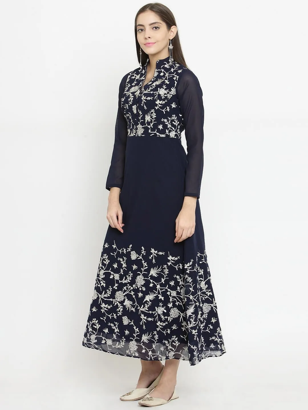 Navy Blue A-Line Dress With Parsi Embroidery