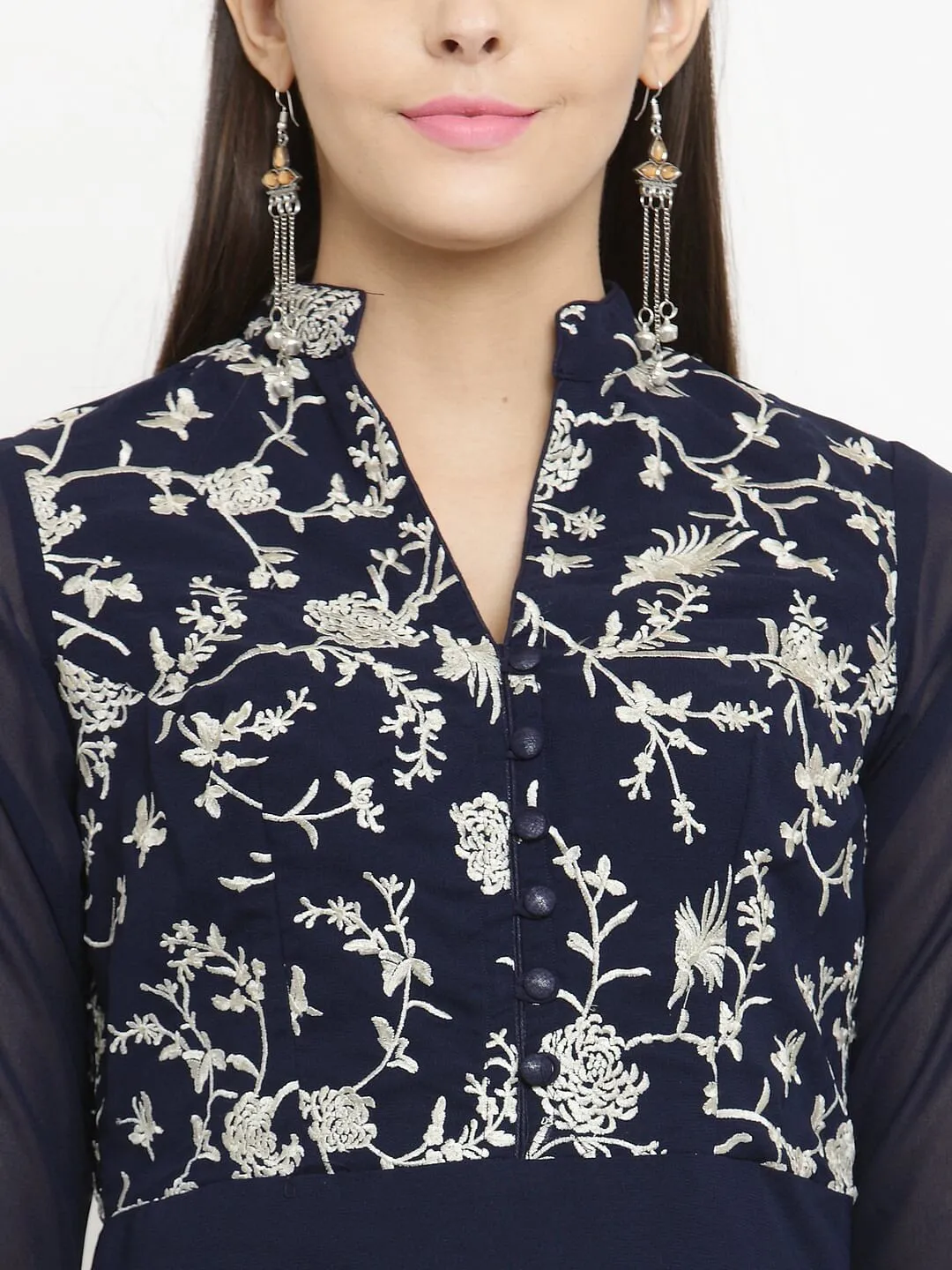 Navy Blue A-Line Dress With Parsi Embroidery