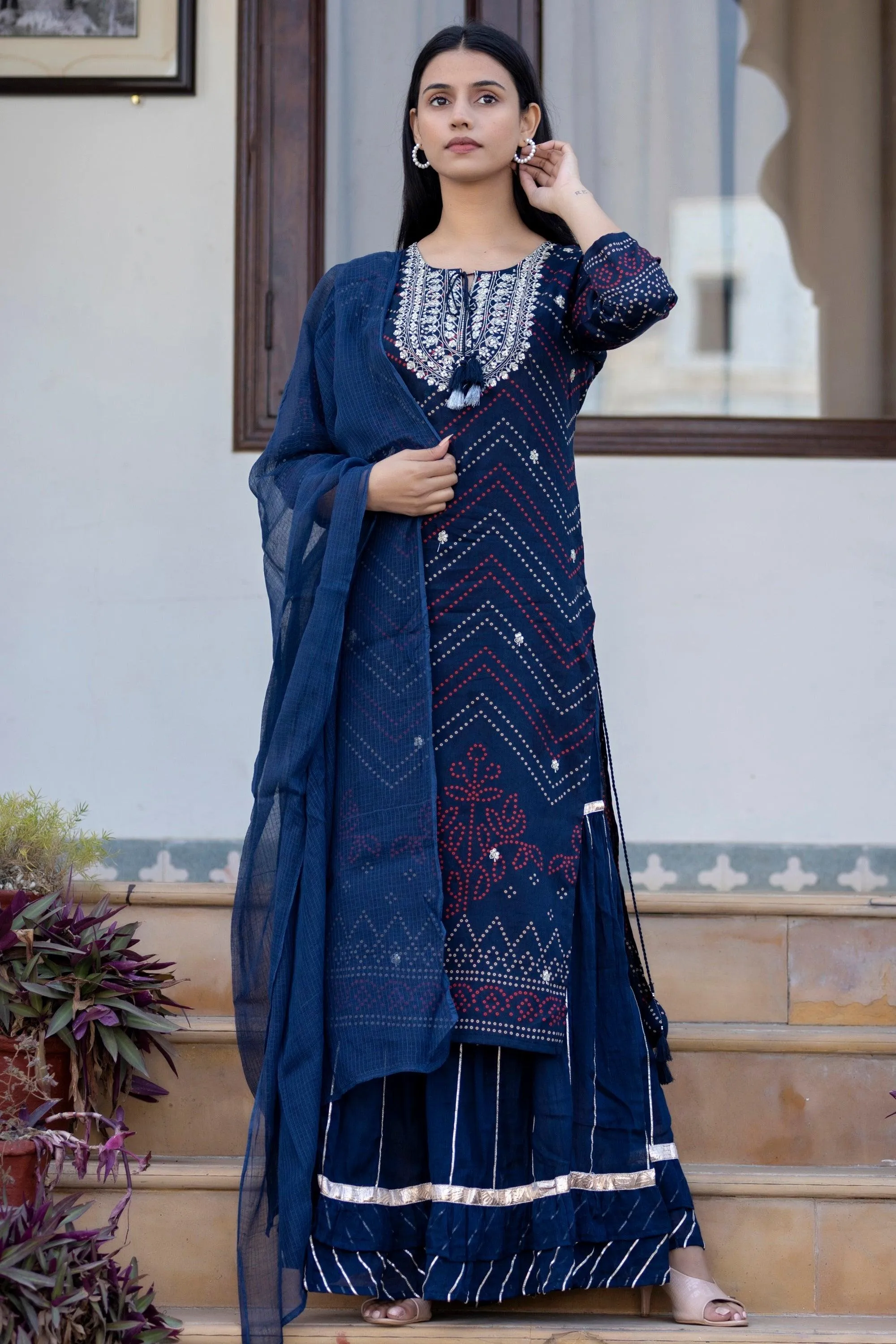 Navy Blue Embroidered Cotton Kurta Sharara Set With Dupatta