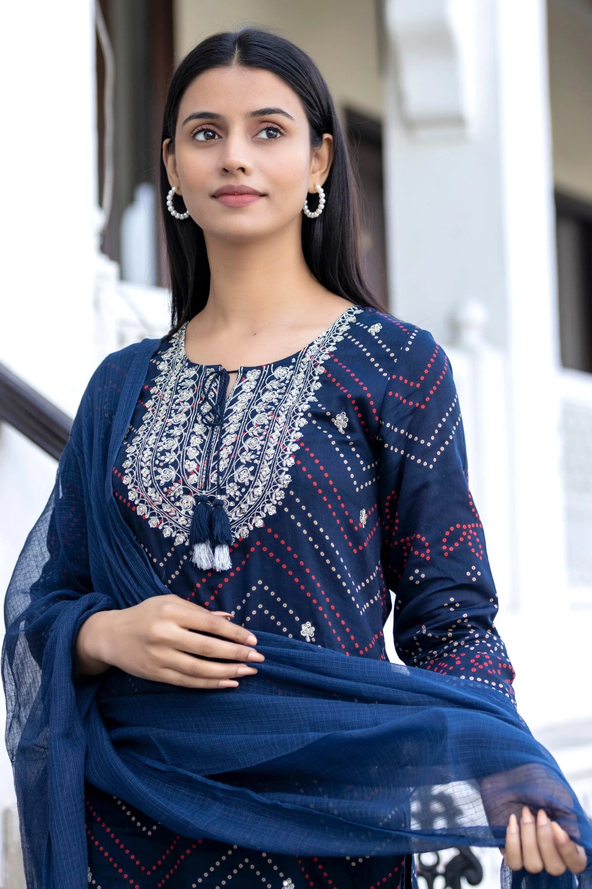 Navy Blue Embroidered Cotton Kurta Sharara Set With Dupatta