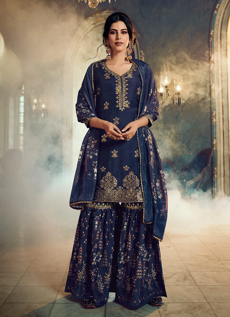 Navy Blue Embroidered Foil Printed Gharara Suit