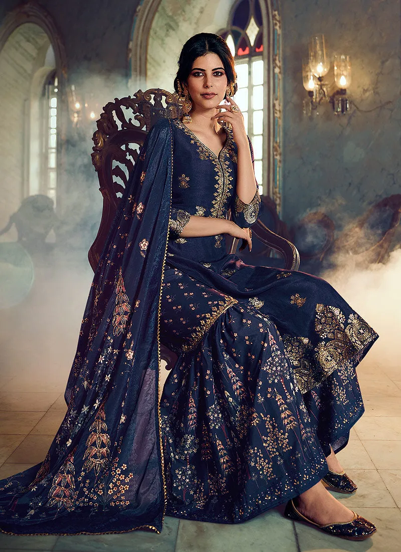 Navy Blue Embroidered Foil Printed Gharara Suit