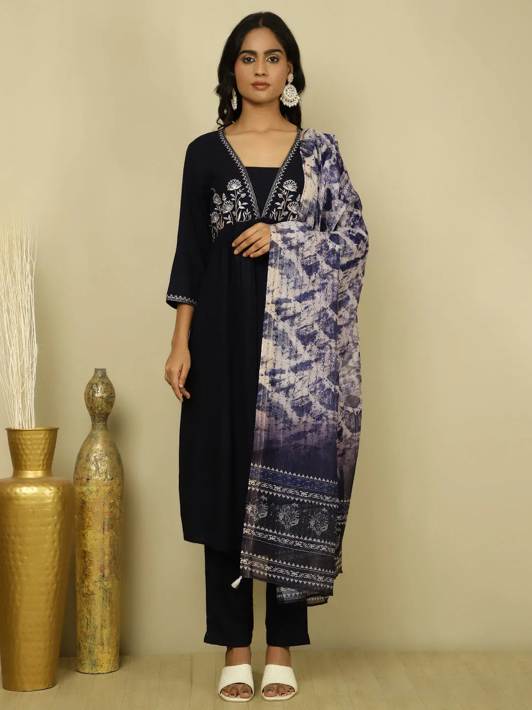 Navy Blue Embroidered Suit Set