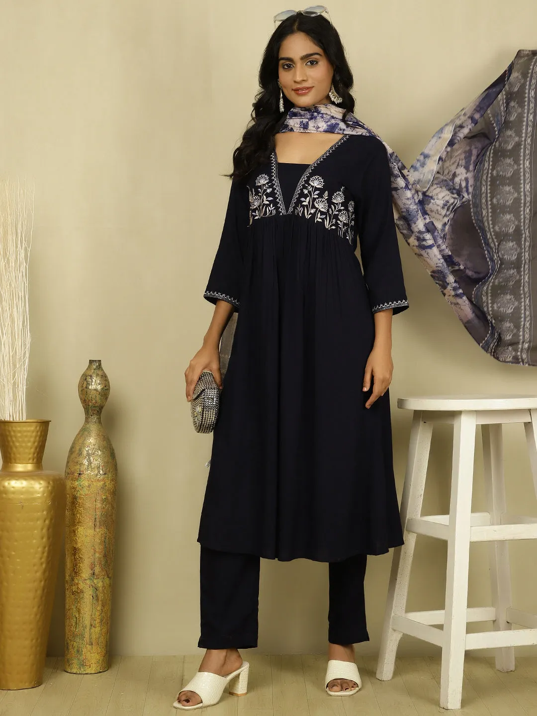 Navy Blue Embroidered Suit Set