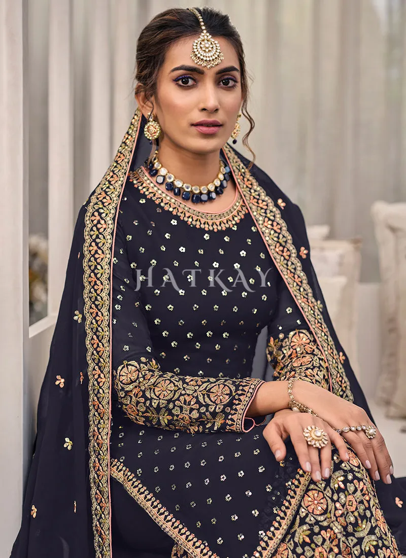 Navy Blue Multi Embroidered Traditional Gharara Suit