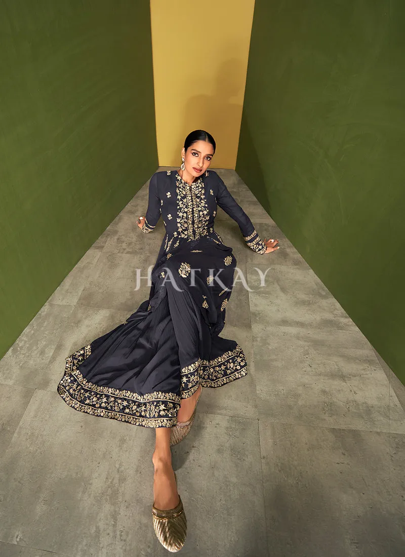 Navy Blue Traditional Embroidered Anarkali Palazzo Suit