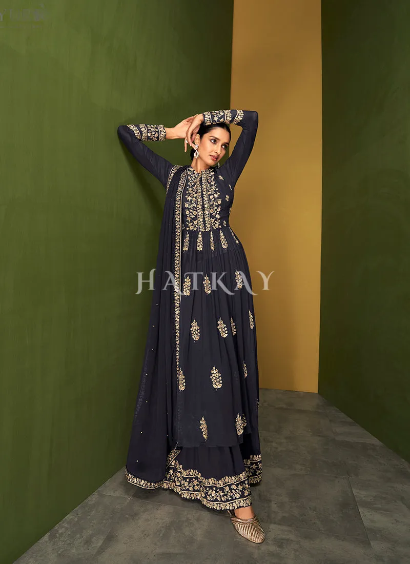 Navy Blue Traditional Embroidered Anarkali Palazzo Suit