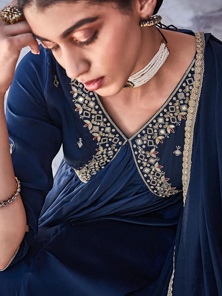 Navy Blue Zardosi Embroidered Silk Long Kurta Paired With Embroidered Organza Dupatta