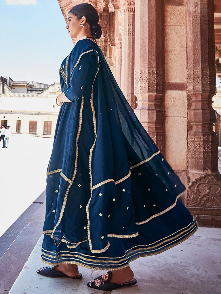 Navy Blue Zardosi Embroidered Silk Long Kurta Paired With Embroidered Organza Dupatta