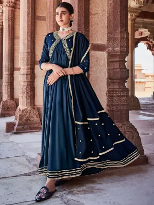 Navy Blue Zardosi Embroidered Silk Long Kurta Paired With Embroidered Organza Dupatta