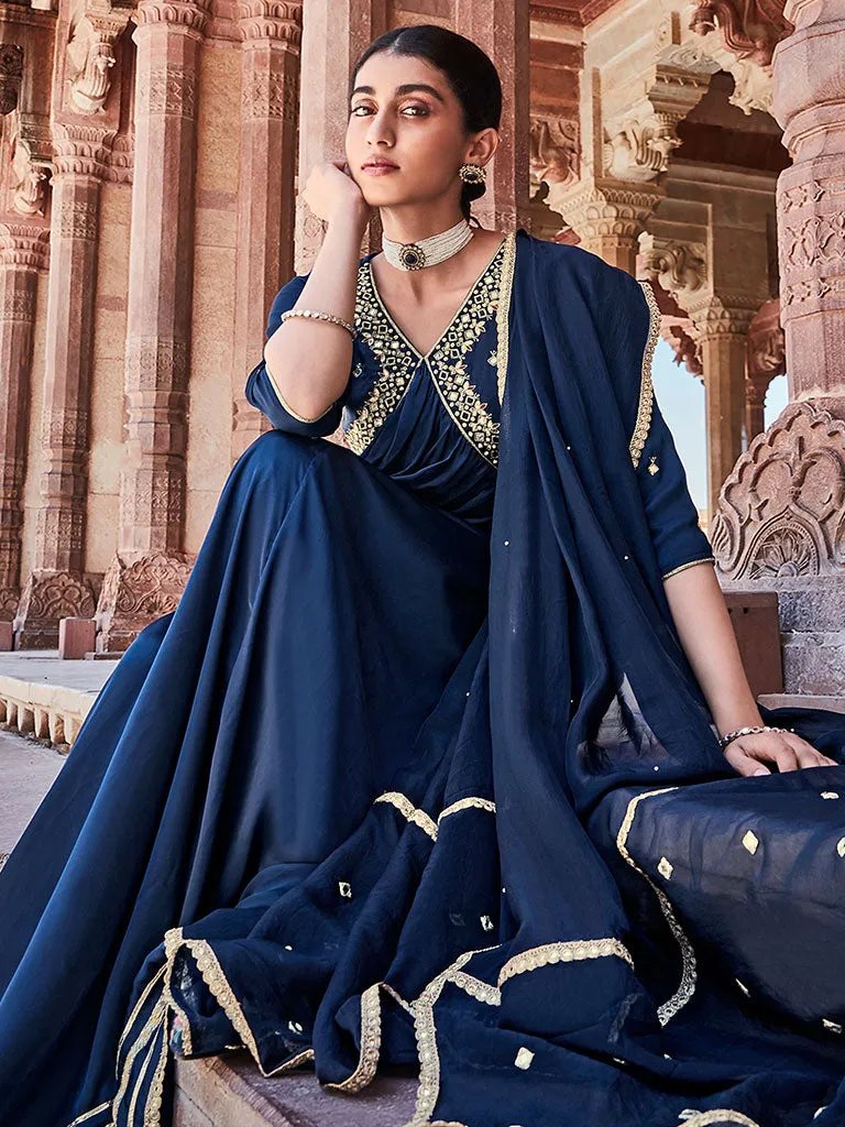 Navy Blue Zardosi Embroidered Silk Long Kurta Paired With Embroidered Organza Dupatta