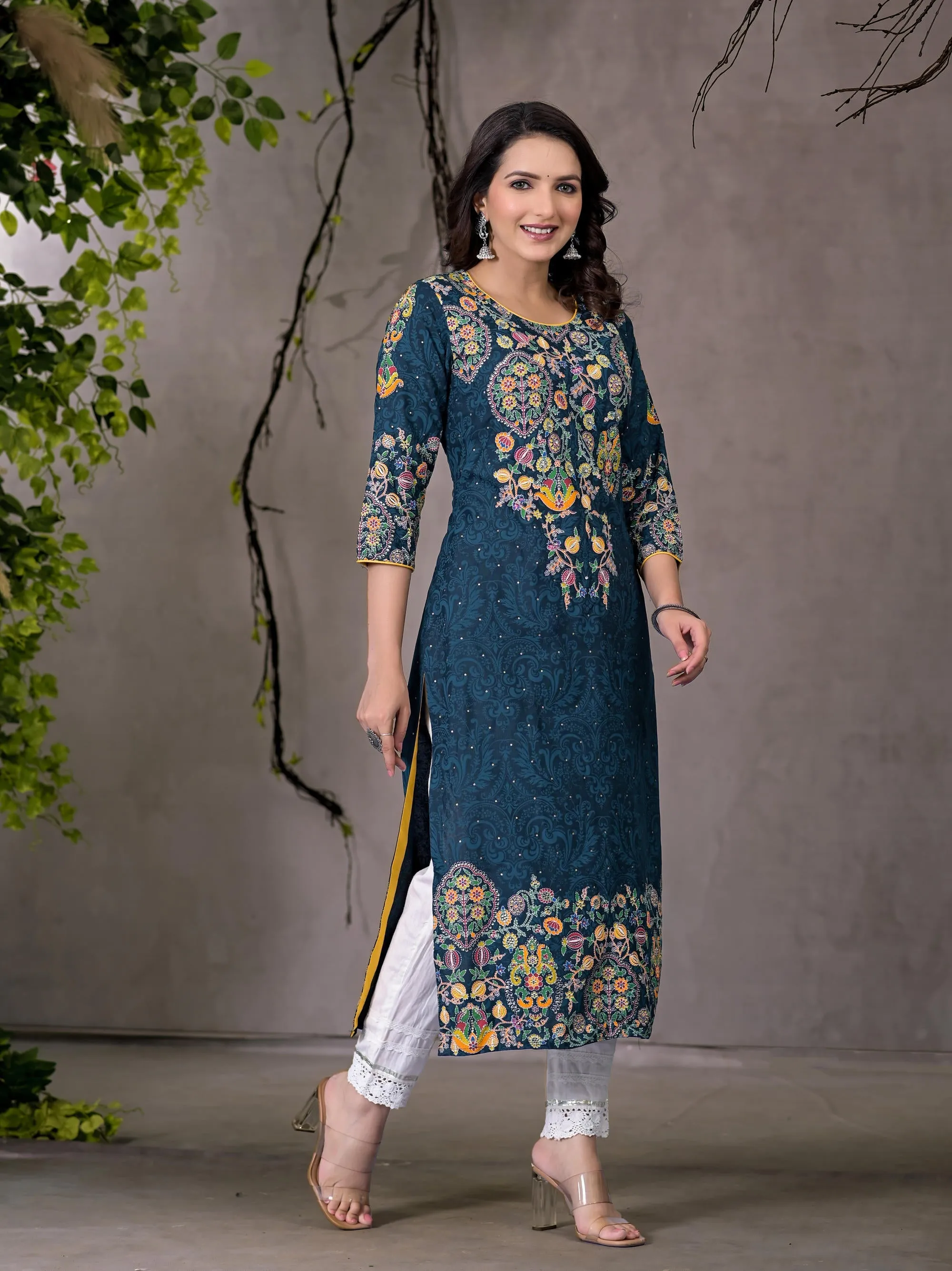 Navy Thread Work Embroidered Liva Rayon Kurta With Sequins & Beads