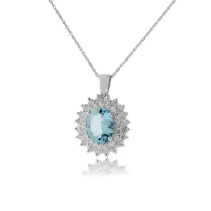 Oval Aquamarine with Classic Double Diamond Halo Pendant