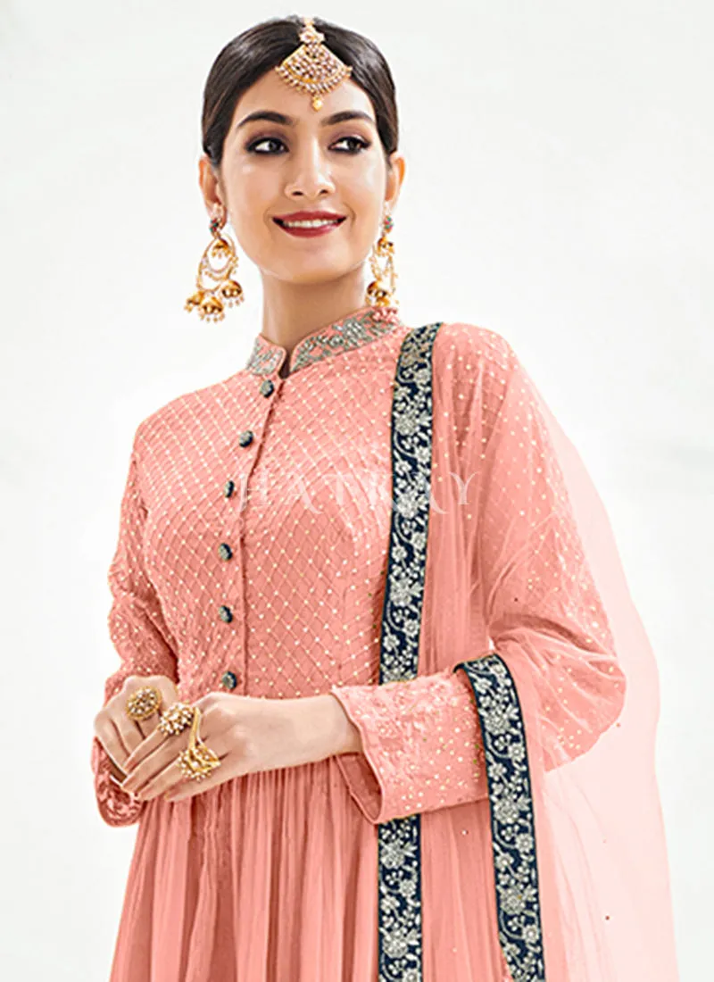 Peach And Blue Embroidery Traditional Gharara Suit