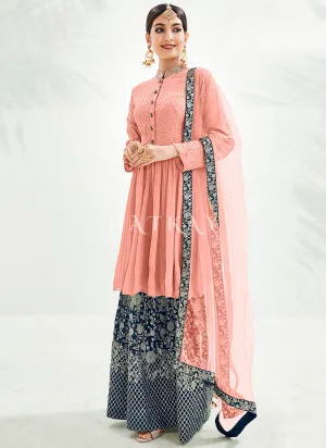 Peach And Blue Embroidery Traditional Gharara Suit