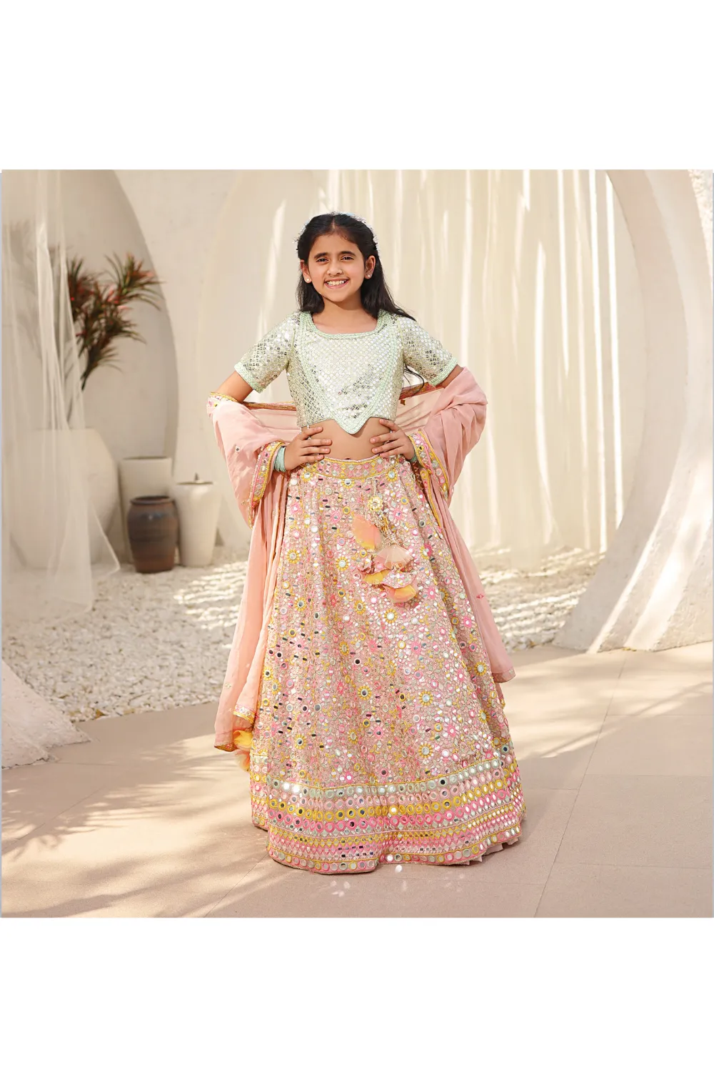 Peach Embroidered Georgette Lehenga Choli with Dupatta Set