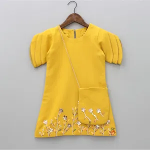 Pre Order: Mustard Floral Embroidered Stylish Layered Sleeves Dress With Sling Bag