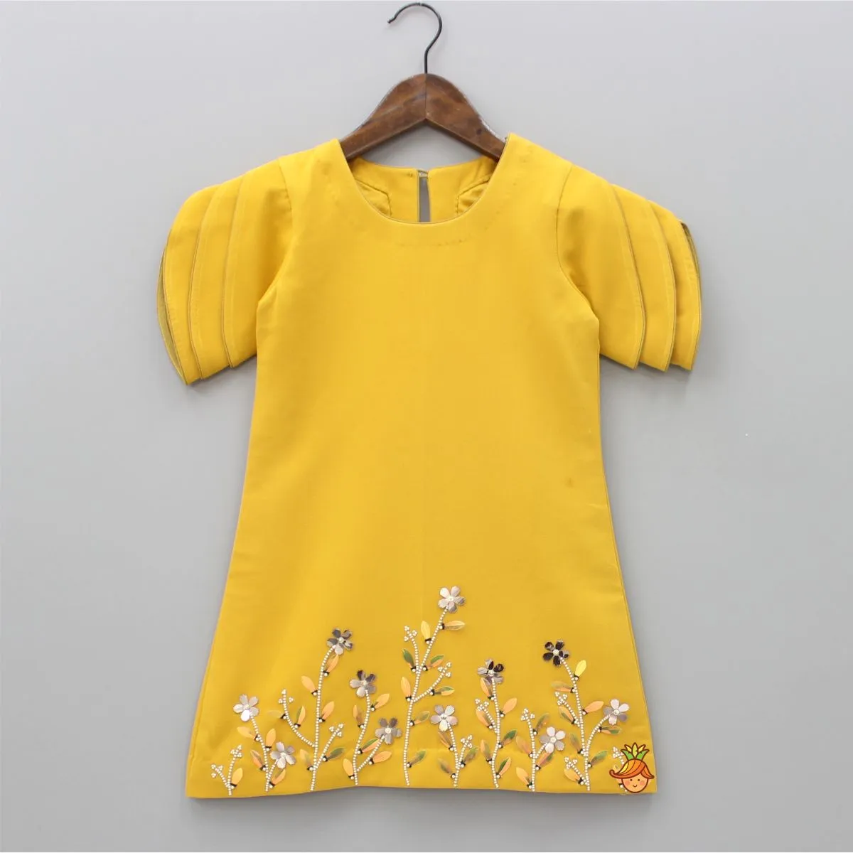 Pre Order: Mustard Floral Embroidered Stylish Layered Sleeves Dress With Sling Bag