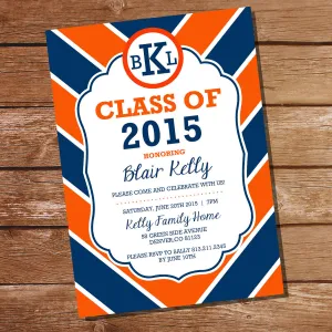 Preppy Navy Blue And Orange Graduation Invitation