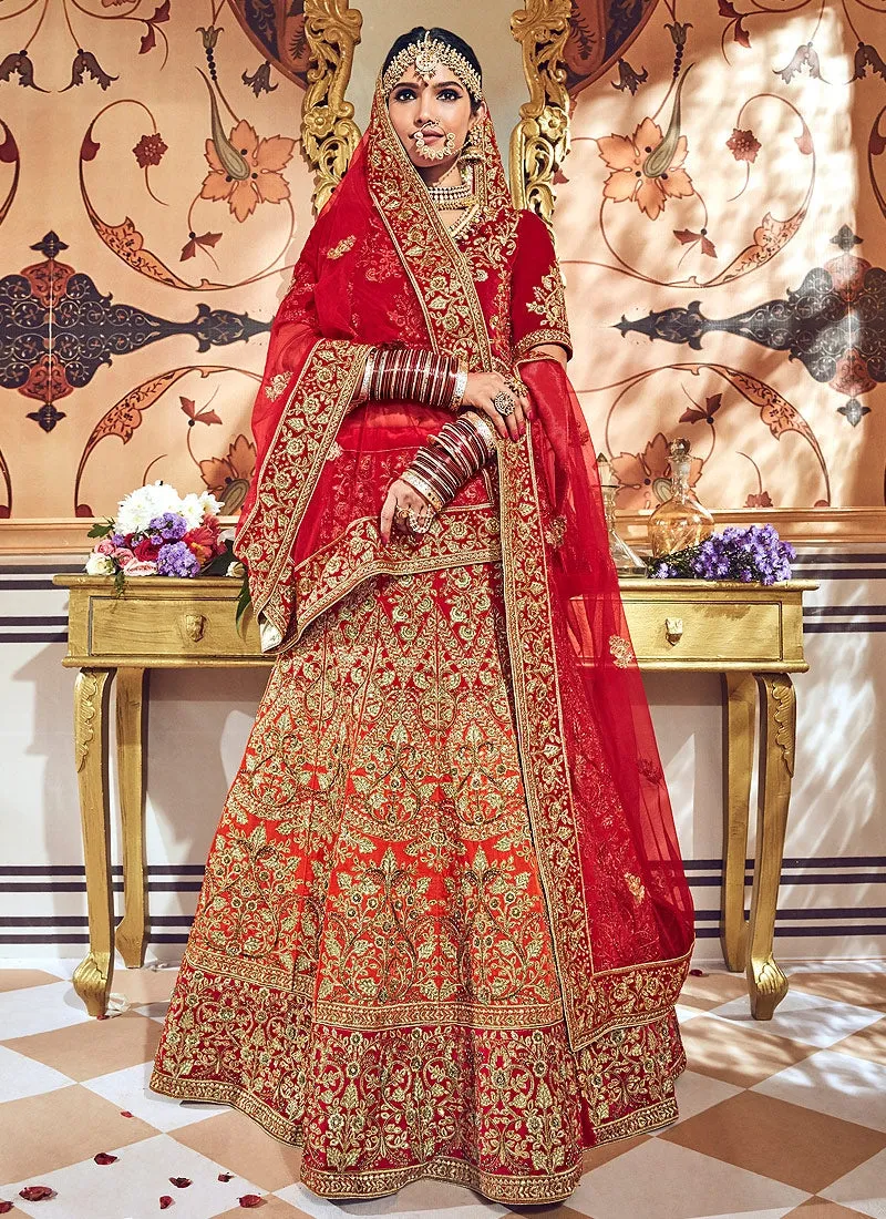 Red And Orange Velvet Hand Embroidered Lehenga Choli